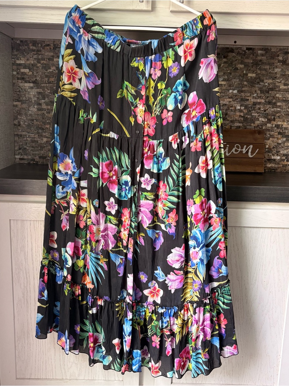 Johnny Was Aruba Ophelia Black Floral Tiered Maxi Skirt